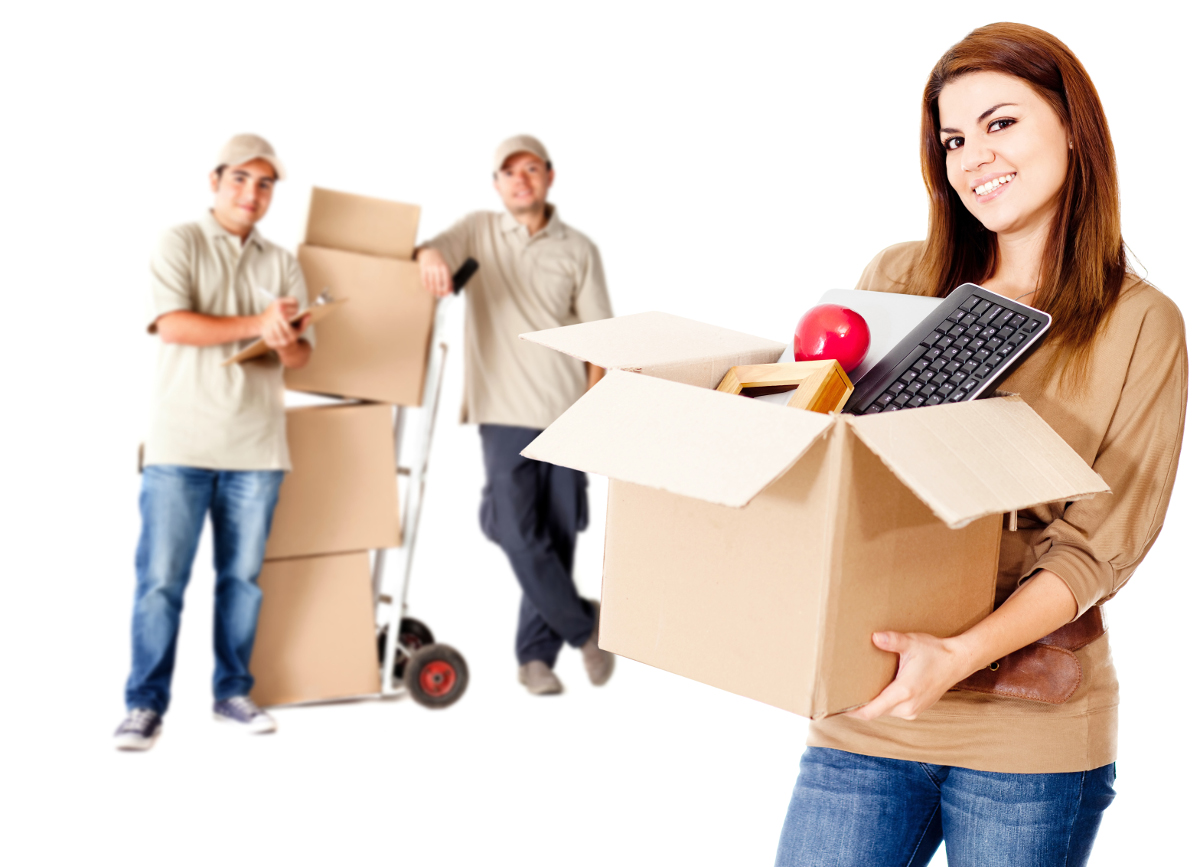 Guys helping a woman to move house - isolated over white